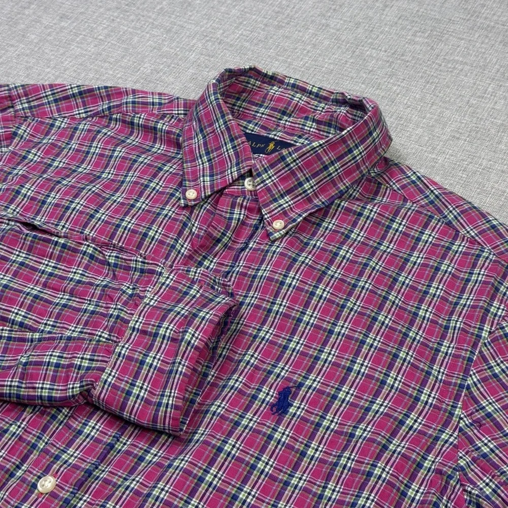Ralph Lauren Button-Down Shirt Mens M Pink Plaid Long Sleeve Cotton Embroidered